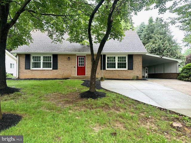 708 S Broad St, Mechanicsburg, PA 17055 - ranch-style home with brick siding, driveway, a front yard, roof with shingles, and an attached carport