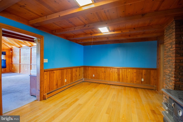 121 E James St, Winchester, VA 22601 - empty room with baseboard heating, a wooden ceiling with exposed beams, wood finished floors, wood walls, and a wainscoted wall