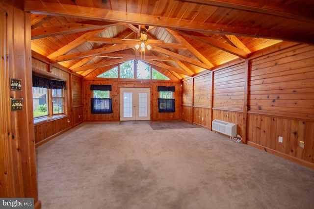 121 E James St, Winchester, VA 22601 - unfurnished living room featuring wooden walls, wood ceiling, carpet floors, a ceiling fan, and french doors