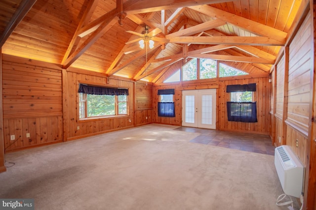 121 E James St, Winchester, VA 22601 - unfurnished living room featuring wooden walls, carpet, french doors, ceiling fan, and wood ceiling