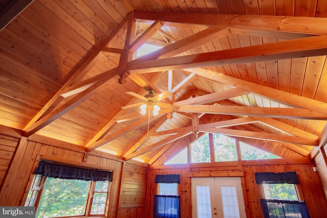 121 E James St, Winchester, VA 22601 - detailed view of beam ceiling, a ceiling fan, wood walls, and french doors