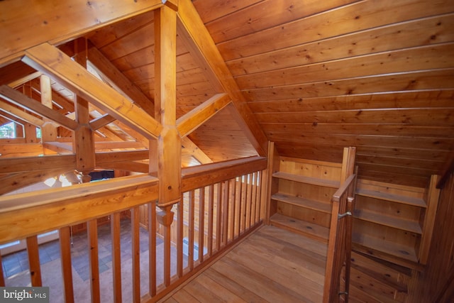 121 E James St, Winchester, VA 22601 - hallway with light wood-style floors, wood ceiling, a sauna / steam room, and an upstairs landing