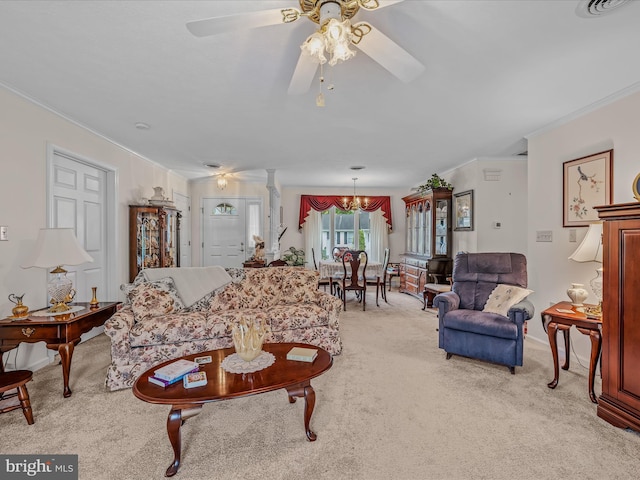 23 Garden Dr, Berkeley Springs, WV 25411 - living area with light colored carpet, ornamental molding, a chandelier, and a ceiling fan