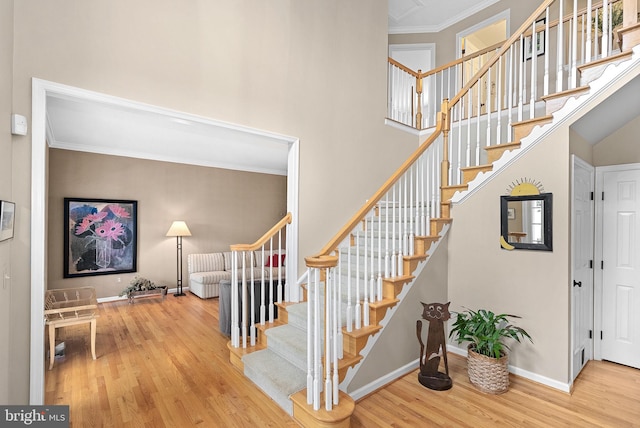 36453 Dwyer Ct, Round Hill, VA 20141 - stairway with wood finished floors, crown molding, and a high ceiling