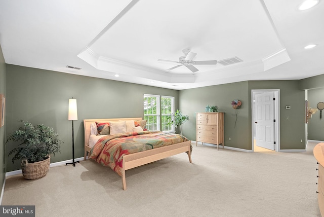 36453 Dwyer Ct, Round Hill, VA 20141 - bedroom featuring a tray ceiling, crown molding, light colored carpet, recessed lighting, and ceiling fan