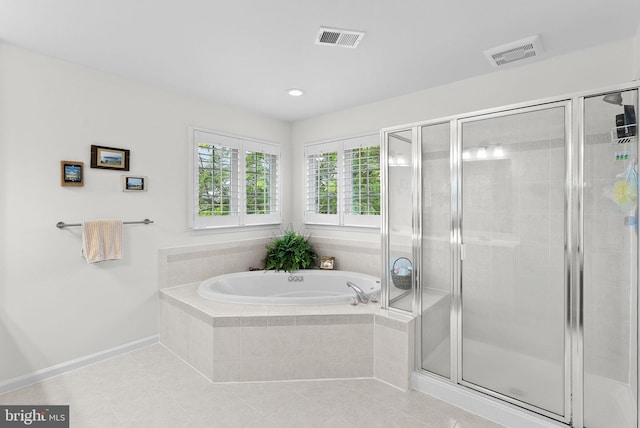 36453 Dwyer Ct, Round Hill, VA 20141 - bathroom featuring a bath, a shower stall, tile patterned floors, and recessed lighting