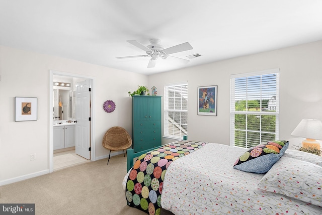 36453 Dwyer Ct, Round Hill, VA 20141 - bedroom with light colored carpet, connected bathroom, and a ceiling fan