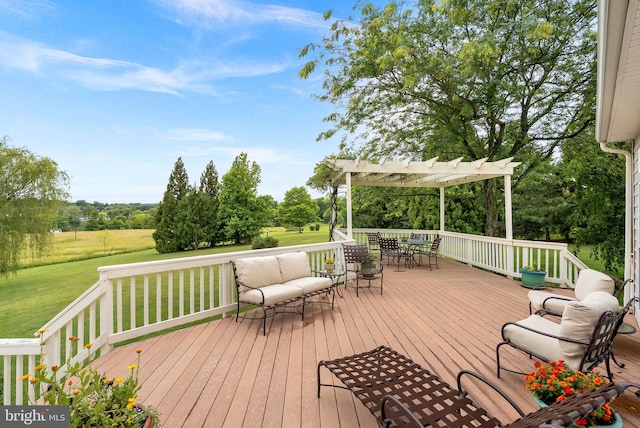 36453 Dwyer Ct, Round Hill, VA 20141 - wooden terrace featuring a pergola, outdoor dining space, a yard, and view of scattered trees