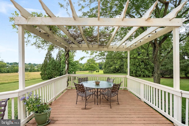36453 Dwyer Ct, Round Hill, VA 20141 - wooden deck with a pergola, outdoor dining space, a yard, and view of scattered trees