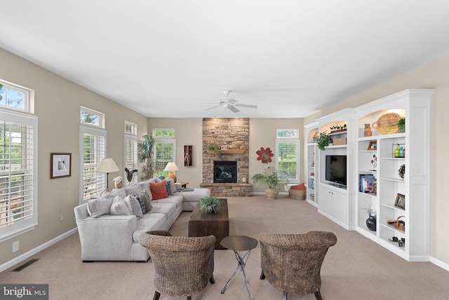 36453 Dwyer Ct, Round Hill, VA 20141 - living area with carpet flooring, a ceiling fan, and a fireplace