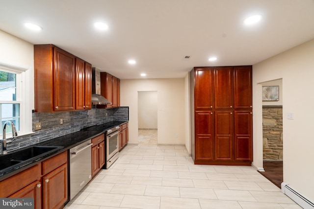1363 Byberry Rd, Huntingdon Valley, PA 19006 - kitchen with appliances with stainless steel finishes, a baseboard heating unit, wall chimney exhaust hood, decorative backsplash, and recessed lighting