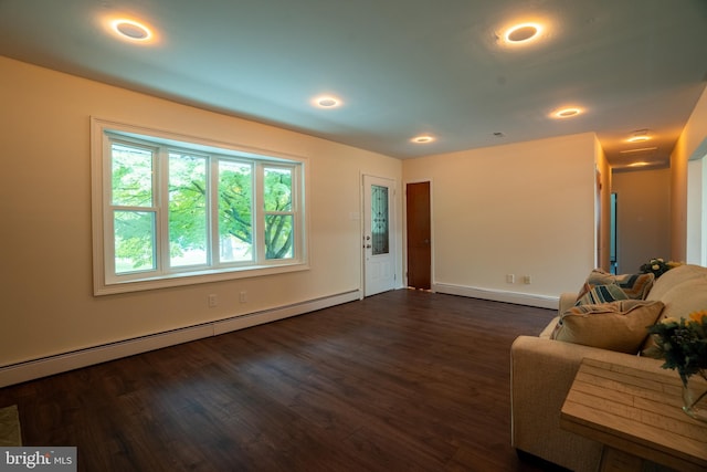 1363 Byberry Rd, Huntingdon Valley, PA 19006 - unfurnished living room featuring a baseboard heating unit, dark wood-style floors, and recessed lighting