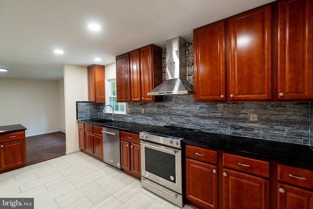 1363 Byberry Rd, Huntingdon Valley, PA 19006 - kitchen featuring wall chimney exhaust hood, appliances with stainless steel finishes, tasteful backsplash, recessed lighting, and light wood-style flooring