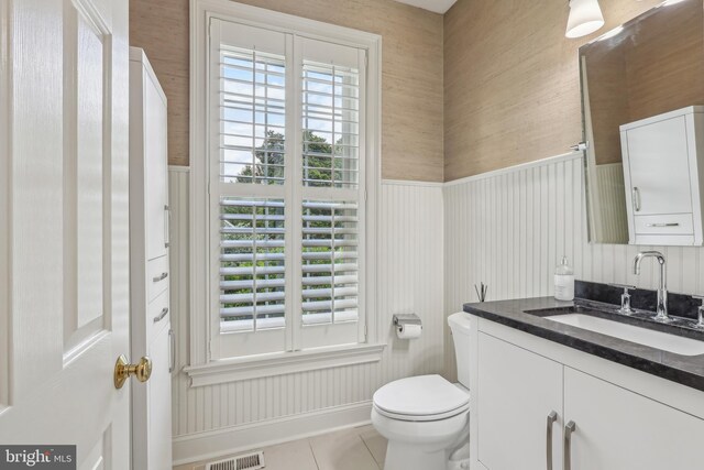 10 Callery Way, Malvern, PA 19355 - bathroom with vanity, tile patterned flooring, a wainscoted wall, and wallpapered walls