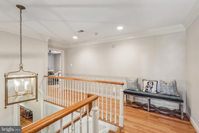 10 Callery Way, Malvern, PA 19355 - hall featuring crown molding, wood finished floors, an upstairs landing, and recessed lighting