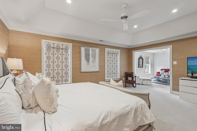 10 Callery Way, Malvern, PA 19355 - carpeted bedroom with a raised ceiling, recessed lighting, wooden walls, and ceiling fan