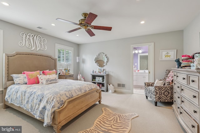 10 Callery Way, Malvern, PA 19355 - bedroom with light carpet, recessed lighting, ensuite bath, and a ceiling fan