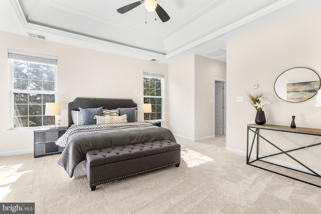 4509 Rhett Ln, Fairfax, VA 22030 - bedroom featuring light colored carpet, a tray ceiling, crown molding, and a ceiling fan