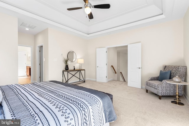 4509 Rhett Ln, Fairfax, VA 22030 - bedroom featuring light colored carpet, a raised ceiling, and a ceiling fan