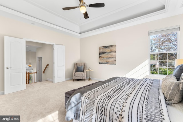 4509 Rhett Ln, Fairfax, VA 22030 - bedroom featuring a raised ceiling, carpet floors, crown molding, and a ceiling fan