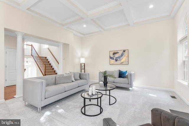 4509 Rhett Ln, Fairfax, VA 22030 - living room featuring coffered ceiling, beamed ceiling, stairway, ornate columns, and crown molding