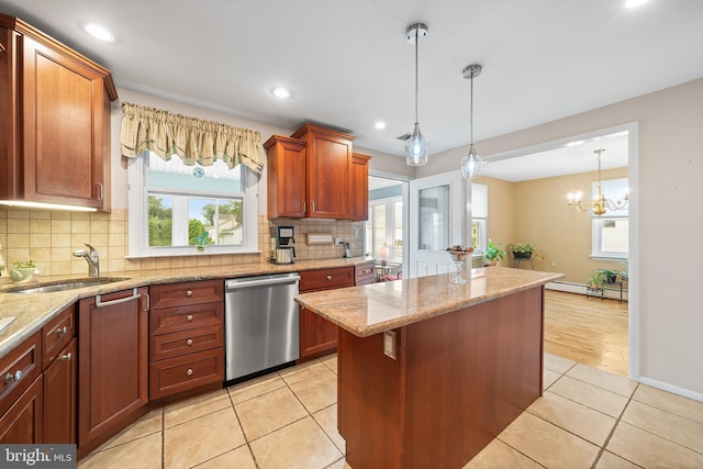 532 Wicker Ave, Bensalem, PA 19020 - kitchen with stainless steel dishwasher, a center island, decorative backsplash, light tile patterned floors, and light stone counters