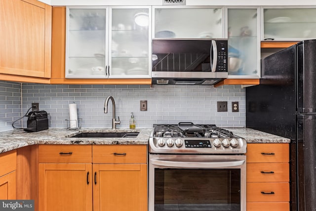 423 5th St SE, Washington, DC 20003 - kitchen featuring stainless steel appliances, decorative backsplash, glass insert cabinets, and light stone countertops