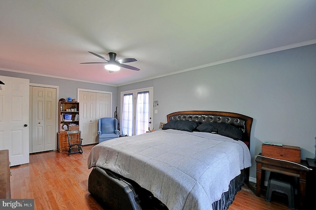 121 Sweetbriar Ln, Winchester, VA 22603 - bedroom with light wood finished floors, multiple closets, ornamental molding, and a ceiling fan