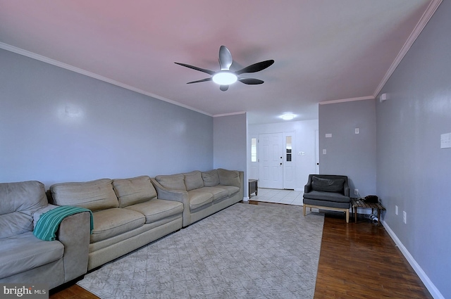 121 Sweetbriar Ln, Winchester, VA 22603 - living room featuring a ceiling fan, dark wood-style flooring, and crown molding
