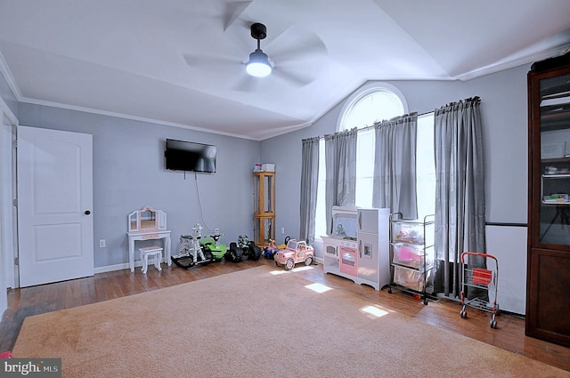 121 Sweetbriar Ln, Winchester, VA 22603 - recreation room with ceiling fan, lofted ceiling, wood finished floors, and ornamental molding
