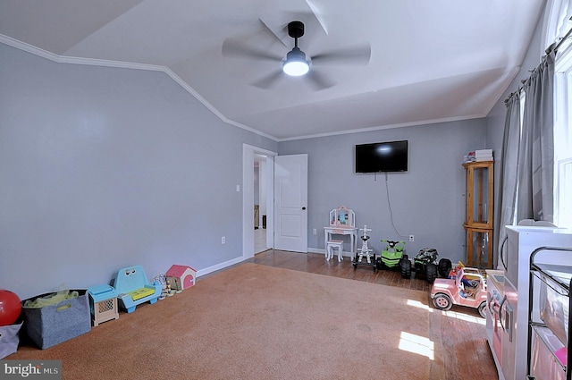 121 Sweetbriar Ln, Winchester, VA 22603 - game room with vaulted ceiling, ceiling fan, carpet, crown molding, and wood finished floors