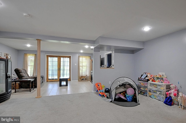 121 Sweetbriar Ln, Winchester, VA 22603 - recreation room with carpet flooring, healthy amount of natural light, tile patterned floors, decorative columns, and recessed lighting