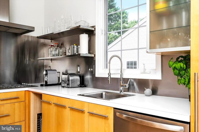 9 Hedgecroft Dr, Pennington, NJ 08534 - kitchen with wall chimney range hood, stainless steel dishwasher, decorative backsplash, and light countertops