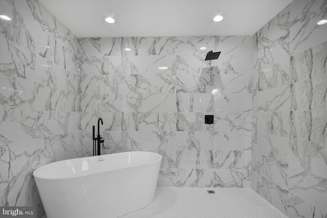 470 E Taunton Ave, West Berlin, NJ 08091 - bathroom with a soaking tub, recessed lighting, tiled shower, and tile walls