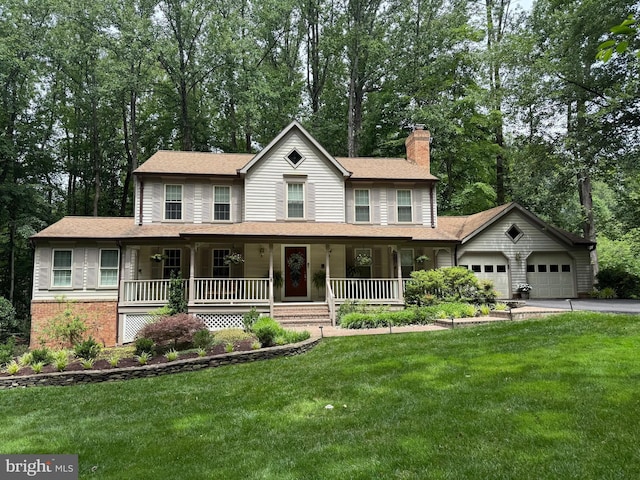 11166 Deuaughn Ct, Fairfax Station, VA 22039 - view of front of property with a chimney, a porch, a garage, driveway, and a front lawn