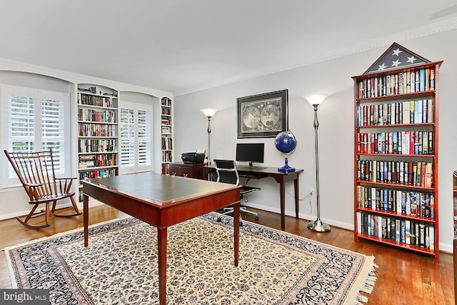 11166 Deuaughn Ct, Fairfax Station, VA 22039 - office featuring wood finished floors, crown molding, and built in shelves