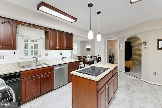 11166 Deuaughn Ct, Fairfax Station, VA 22039 - kitchen featuring stainless steel dishwasher, black electric stovetop, washing machine and dryer, decorative light fixtures, and light stone counters