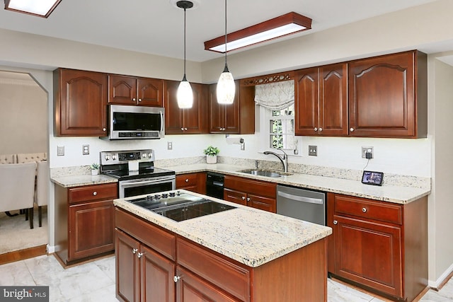 11166 Deuaughn Ct, Fairfax Station, VA 22039 - kitchen featuring stainless steel appliances, light stone countertops, hanging light fixtures, and light marble finish flooring