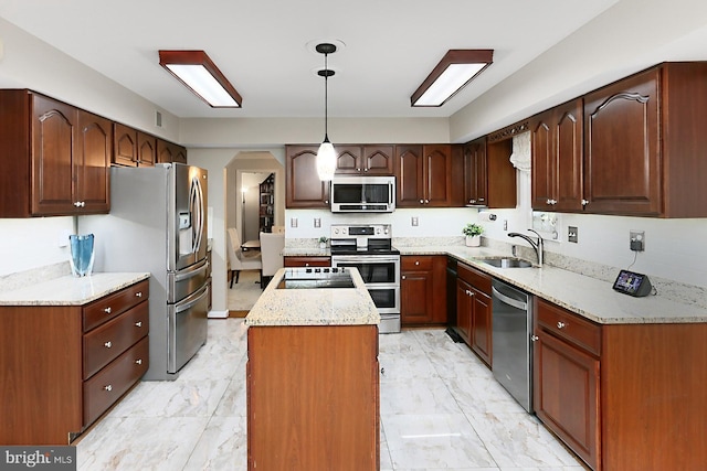 11166 Deuaughn Ct, Fairfax Station, VA 22039 - kitchen with stainless steel appliances, a center island, arched walkways, and light marble finish flooring