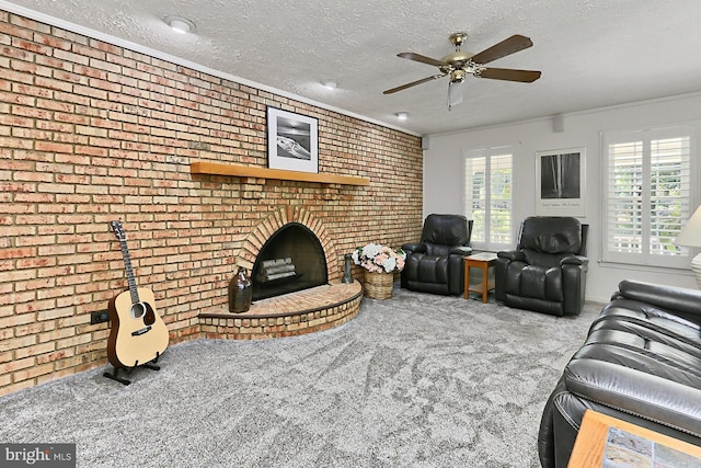 11166 Deuaughn Ct, Fairfax Station, VA 22039 - carpeted living room with brick wall, a textured ceiling, ceiling fan, and a fireplace