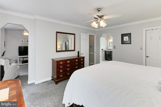 11166 Deuaughn Ct, Fairfax Station, VA 22039 - bedroom featuring arched walkways, carpet floors, ornamental molding, ceiling fan, and connected bathroom