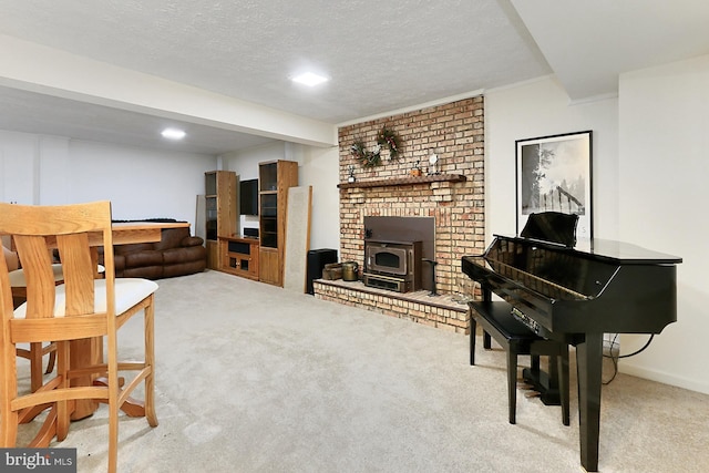 11166 Deuaughn Ct, Fairfax Station, VA 22039 - carpeted living room with a textured ceiling and a wood stove