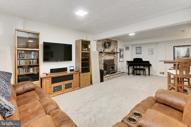 11166 Deuaughn Ct, Fairfax Station, VA 22039 - carpeted living room with a wood stove and a textured ceiling