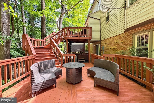 11166 Deuaughn Ct, Fairfax Station, VA 22039 - wooden terrace featuring a hot tub, stairs, and an outdoor hangout area
