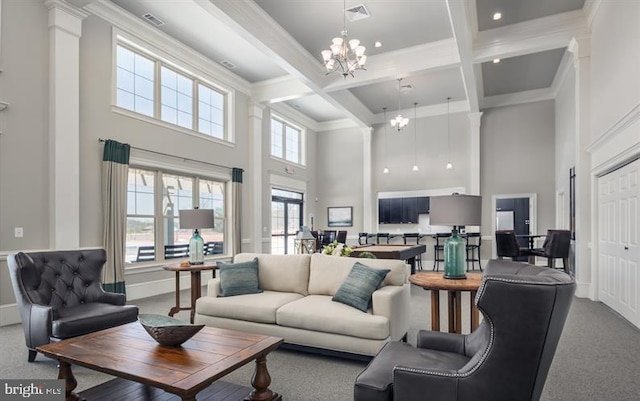 3745 Cedar Mountain Way, Hanover, MD 21076 - living area with a high ceiling, carpet floors, coffered ceiling, beamed ceiling, and a chandelier