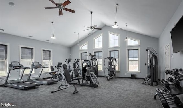 3745 Cedar Mountain Way, Hanover, MD 21076 - workout area with carpet floors, a ceiling fan, and high vaulted ceiling