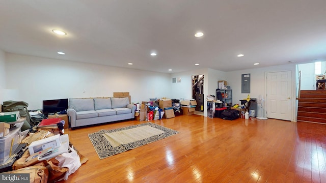 47 Buck Rd, Mays Landing, NJ 08330 - living room with electric panel, hardwood / wood-style flooring, recessed lighting, and stairway