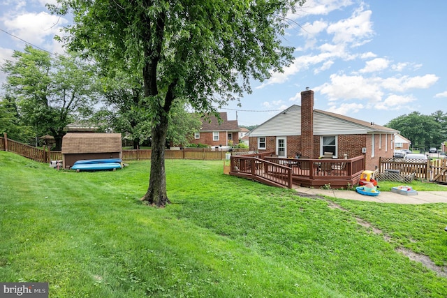 5200 Daybreak Ct, Baltimore, MD 21206 - fenced backyard featuring a wooden deck, a storage shed, and a patio