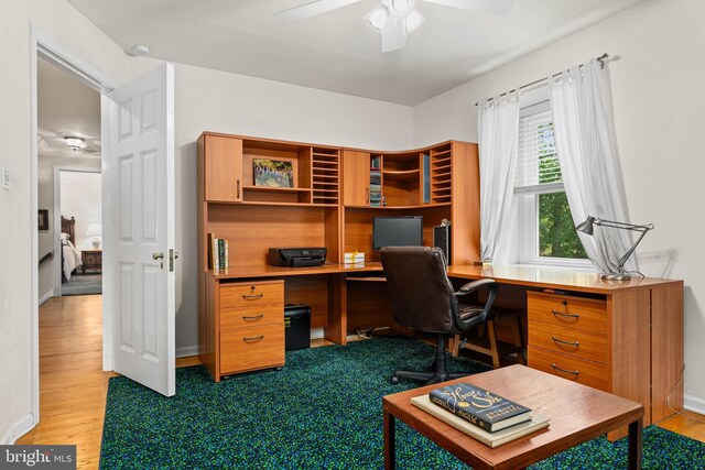 544 N Wayne Ave, Wayne, PA 19087 - home office with ceiling fan, wood finished floors, and built in desk