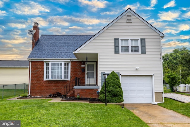 300 Nicholson Rd, Baltimore, MD 21221 - view of front facade with a chimney, an attached garage, concrete driveway, brick siding, and roof with shingles